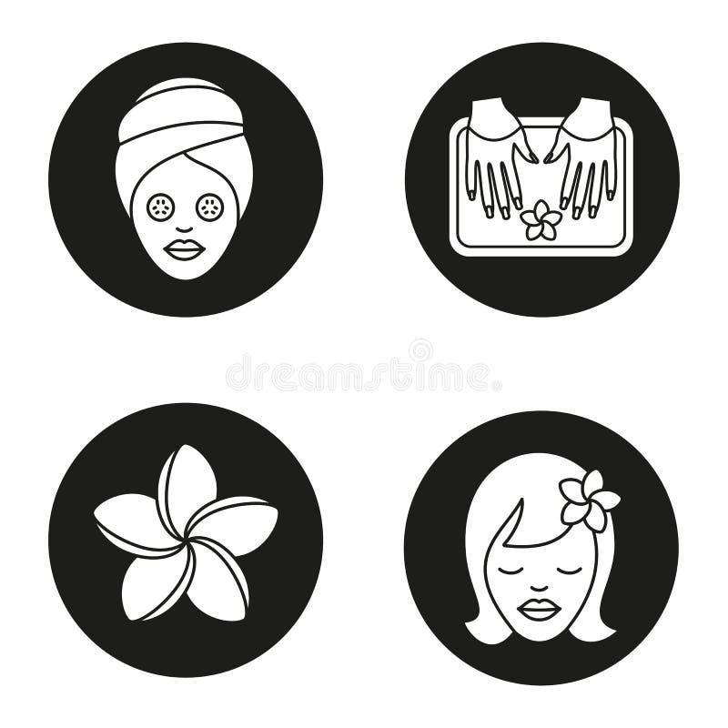 spa salon icons set woman cucumber facial mask girl plumeria flower spa nails bath vector white silhouettes illustrations 167202793