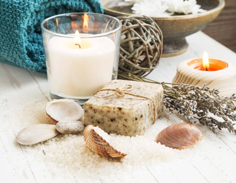 Spa Seashells Setting with Natural Soap and Candle