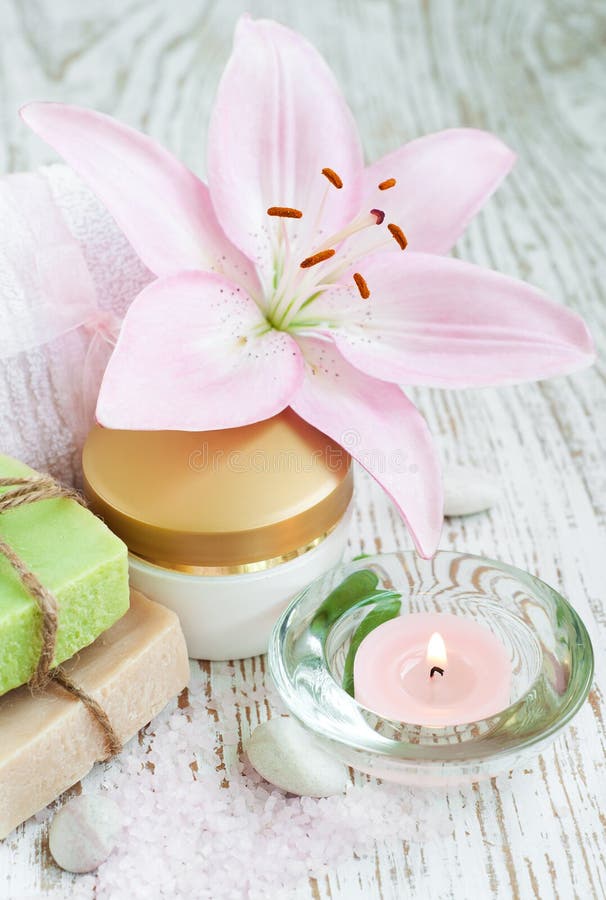 Spa set with lily stock image. Image of herb, pebble 32374853