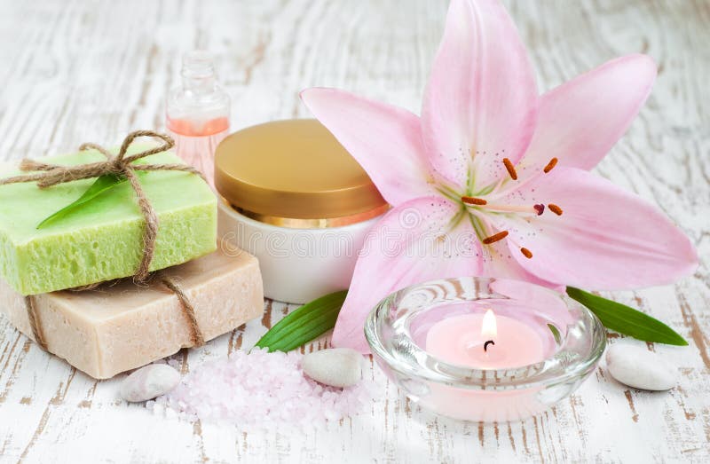 Spa set with lily stock photo. Image of salt, background 35511728