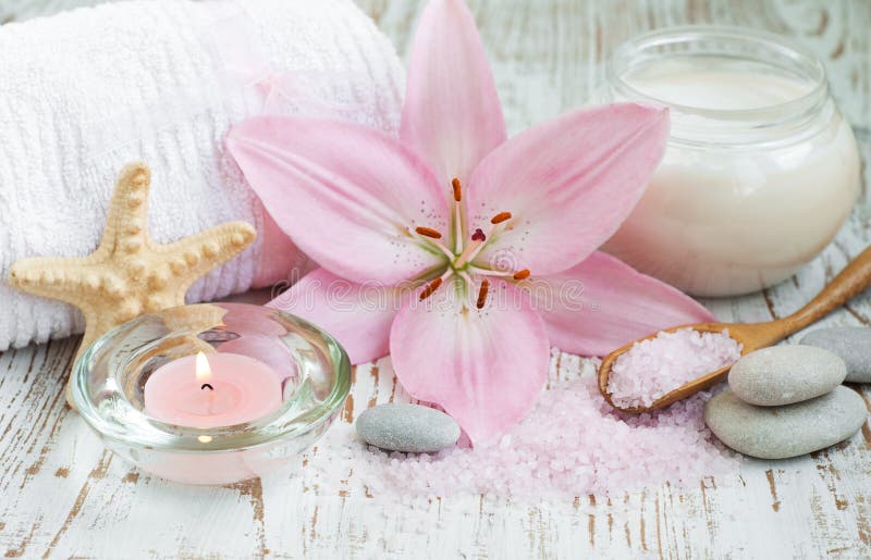 Spa set with lily stock photo. Image of nature, aromatherapy 32983344