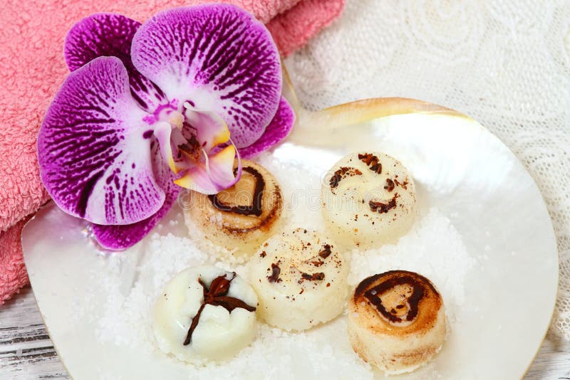 Spa Set Massage with Sugar Scrub Bars on the Shell Stock Image Image