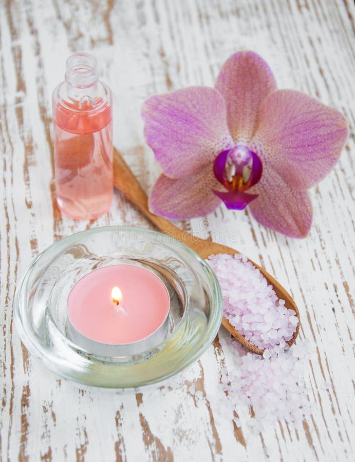 Spa set with orchids stock photo. Image of salt, care 34767764