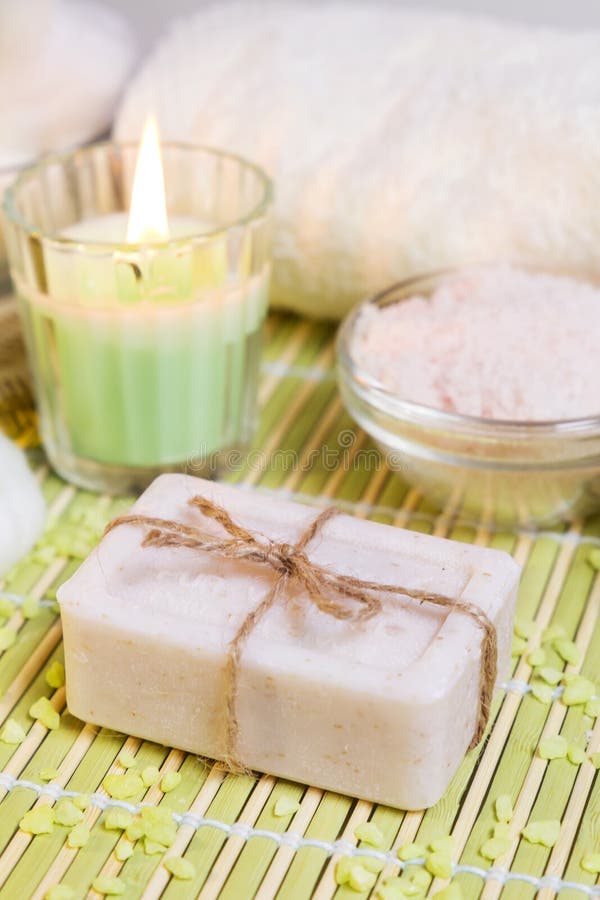 Spa Setting with Natural Soap, Bath Salts and Candle. Stock Photo Image of care, homemade