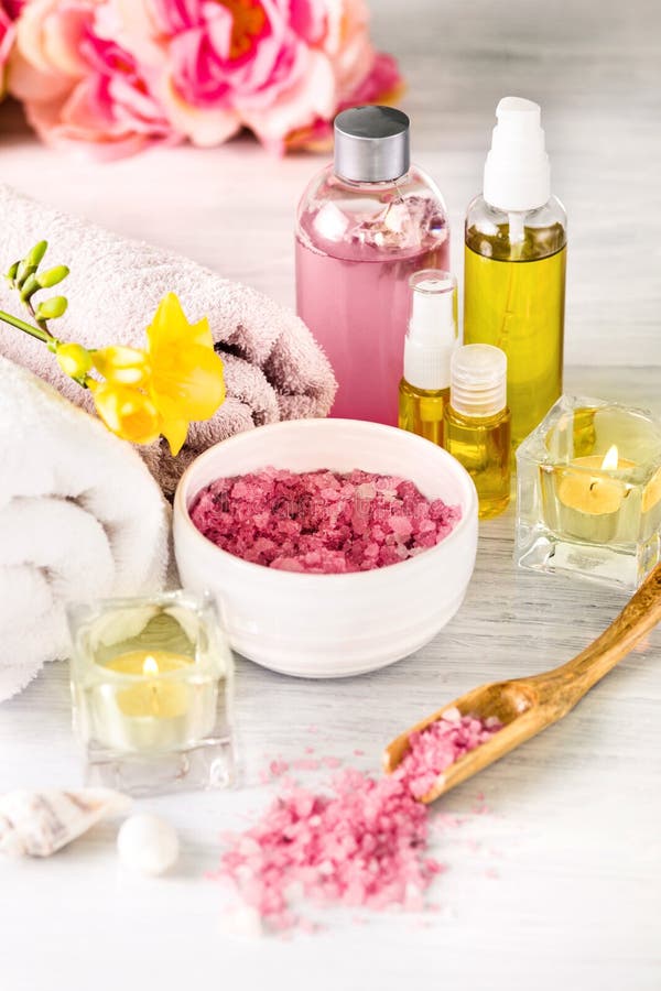 Spa Setting With Pink Roses And Aroma Oil Vintage Style Stock Image