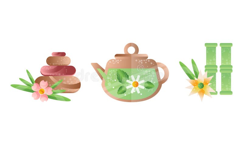 Spa y salón de belleza símbolos set té de manzanilla en tetera verde tallos de bambú masaje piedras vector ilustración libre illustration