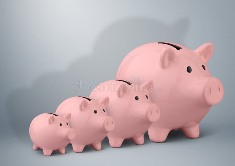 Spaarvarkens van verschillende grootte, het concept van de besparingengroei stock afbeelding Spaarvarkens van verschillende grootte, het concept van de besparingengroei stock afbeelding
