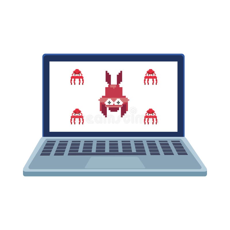 Space aliens in laptop 8 bits pixelated icon stock illustration