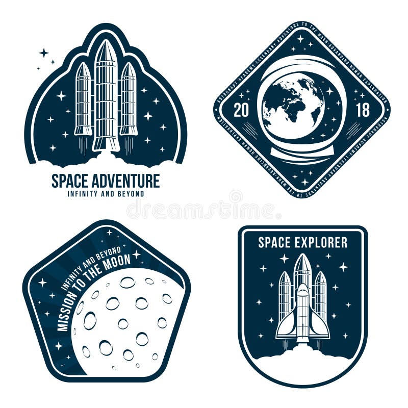 Space badges with astronaut helmet, rocket launch and moon. Set of vintage astronaut label royalty free illustration Space badges with astronaut helmet, rocket launch and moon. Set of vintage astronaut label royalty free illustration