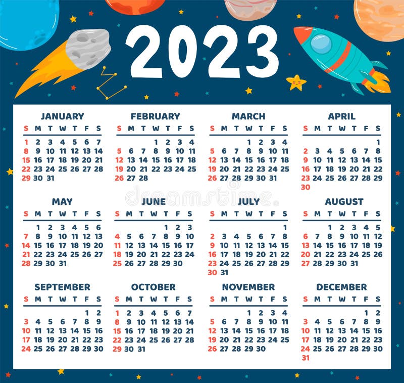 Space Calendar Planner 2023. Weekly Scheduling, Stars, Space