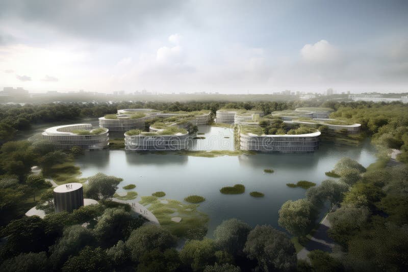 A space colony, with greenery and lakes, providing a serene setting for its residents royalty free illustration