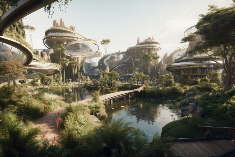 A space colony, with greenery and lakes, providing a serene setting for its residents royalty free illustration