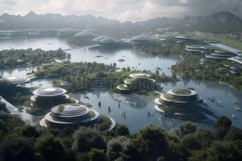 A space colony, with greenery and lakes, providing a serene setting for its residents royalty free illustration