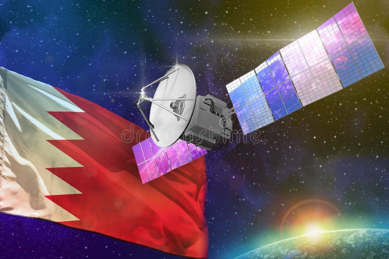 Space communications technology concept - satellite with Bahrain flag, 3D Illustration vector illustration Space communications technology concept - satellite with Bahrain flag, 3D Illustration vector illustration