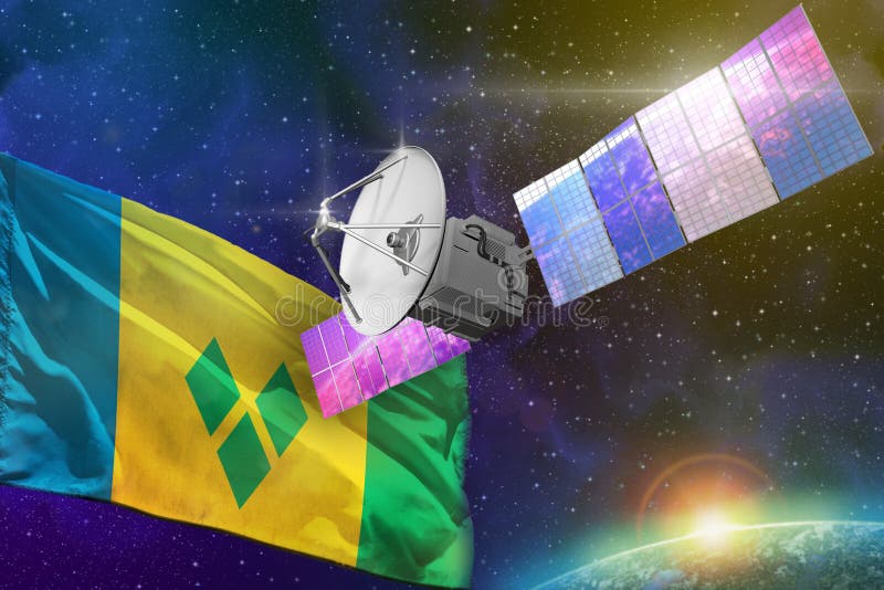 Space communications technology concept - satellite with Saint Vincent and the Grenadines flag, 3D Illustration vector illustration Space communications technology concept - satellite with Saint Vincent and the Grenadines flag, 3D Illustration vector illustration