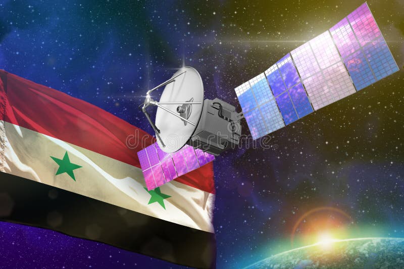 Space communications technology concept - satellite with Syrian Arab Republic flag, 3D Illustration vector illustration Space communications technology concept - satellite with Syrian Arab Republic flag, 3D Illustration vector illustration