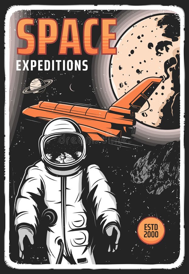 Space expedition retro vector poster astronaut vector illustration