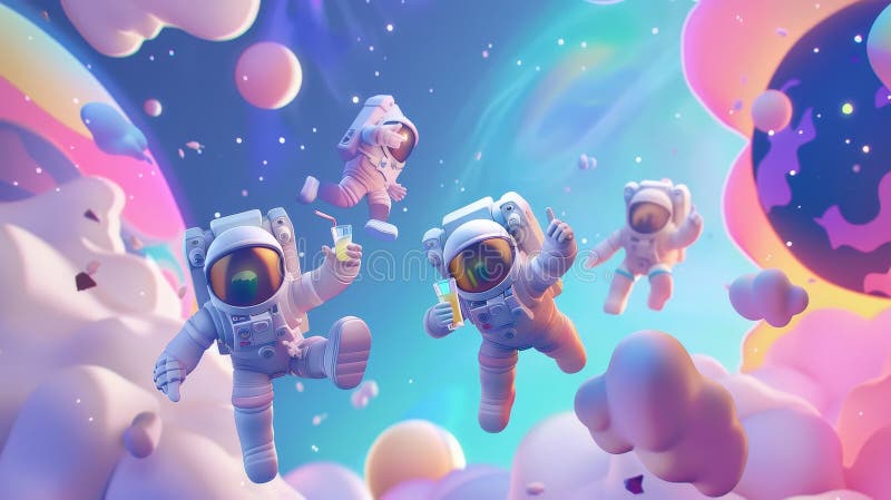 Space exploration with astronauts who fly among planets, nebulas and asteroids flying for fun and exploring outer cosmic stock image