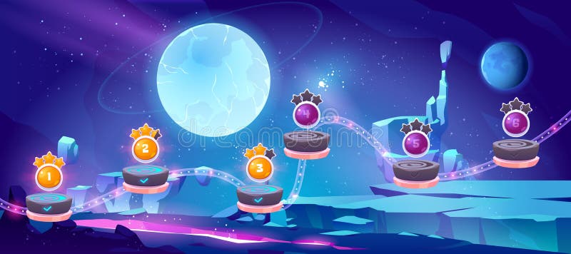 Space game level map with platforms and planets stock illustration