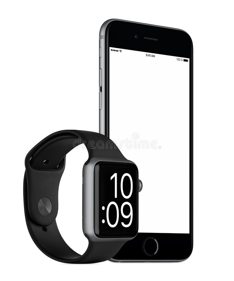 Space Gray Apple IPhone 6s And Space Gray Apple Watch Sport Editorial Stock Image - Image of