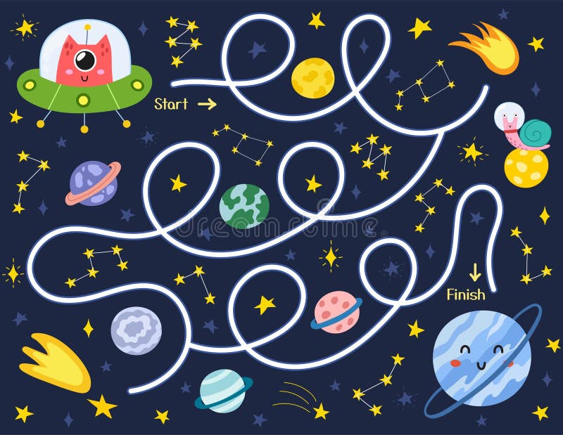 Space maze puzzle for kids. Help a cute alien in a flying saucer find way to the planet