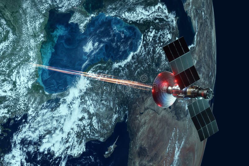 Space military satellite, a weapon in space shoots a laser against the background of the earth. Attack, technology, space war.