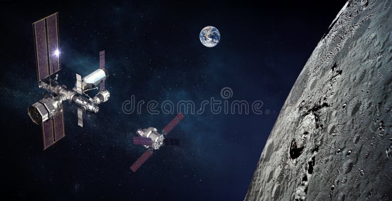 Space module docking above the moon surface. stock image