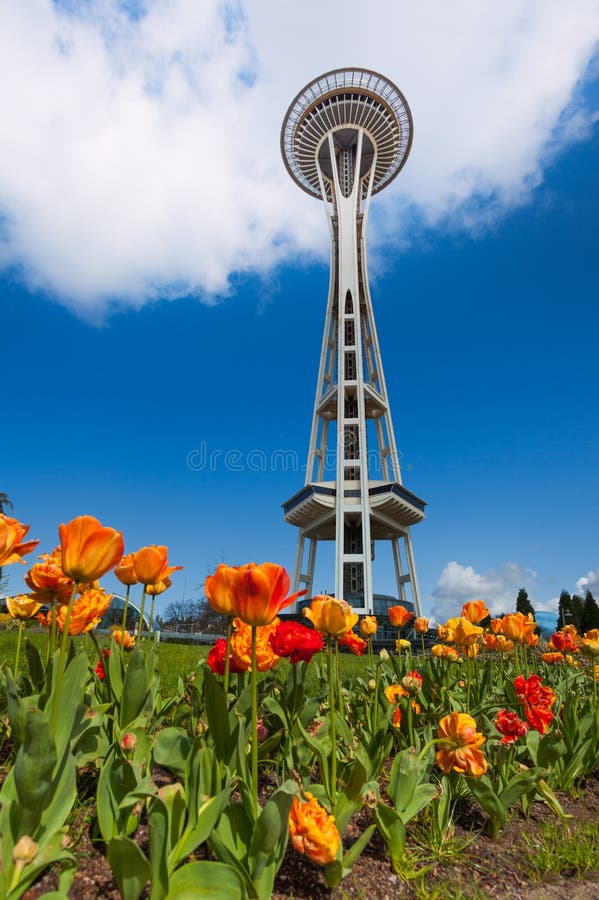 Space Needle Tower with Orange Tulips, Seattle Editorial Stock Photo