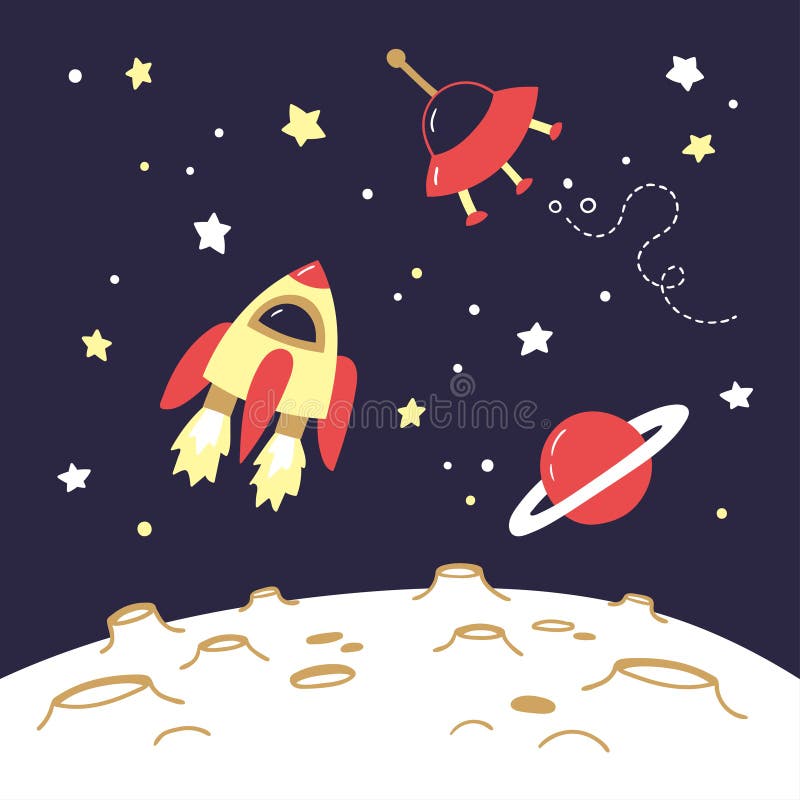 Space objects above the moon. Flying spaceship, Saturn and a flying saucer above the craters of the moon. stock illustration