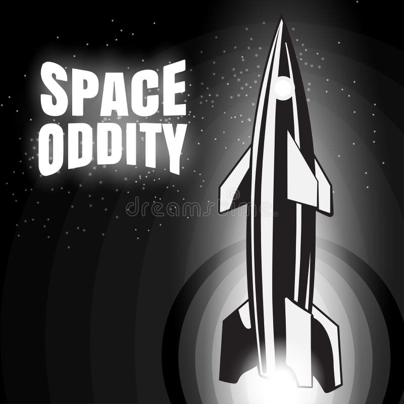 Space Oddity. Rocket Launch and Text. Vector Image Retro Black and