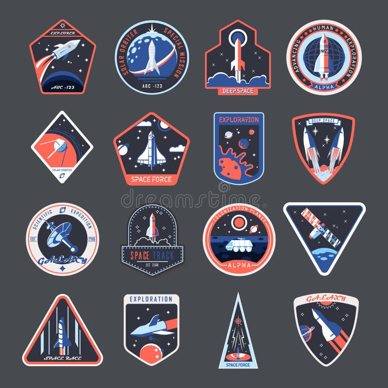Space patches, galaxy exploration spaceship badges vector illustration Space patches, galaxy exploration spaceship badges vector illustration