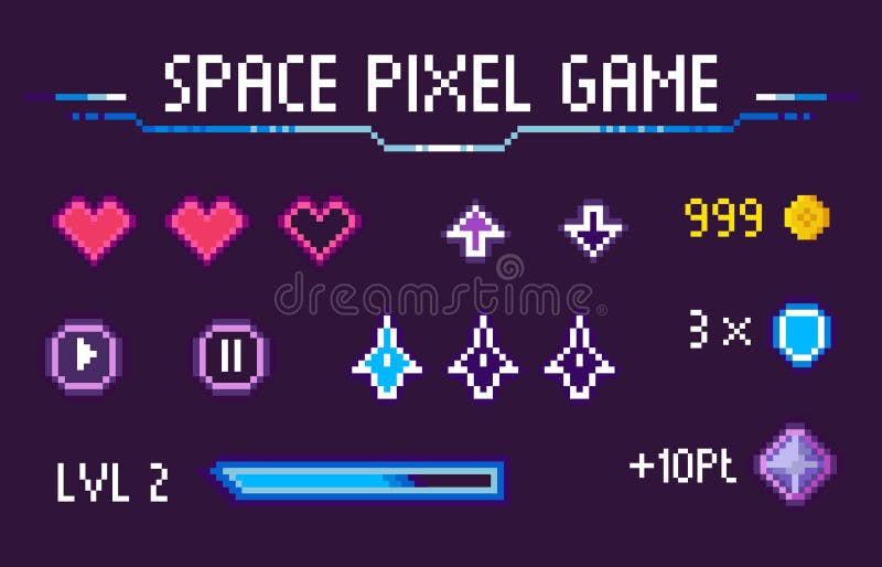 Space Pixel Game Hearts 8 Bit Graphics Icons Set stock illustration