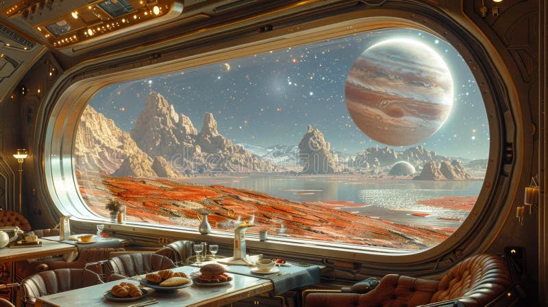 Space restaurant with stunning planetary view - generative ai royalty free illustration