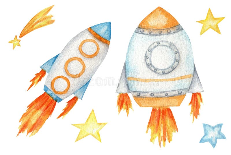 Space Rocket Launch. Spaceship Start Isolated Watercolor