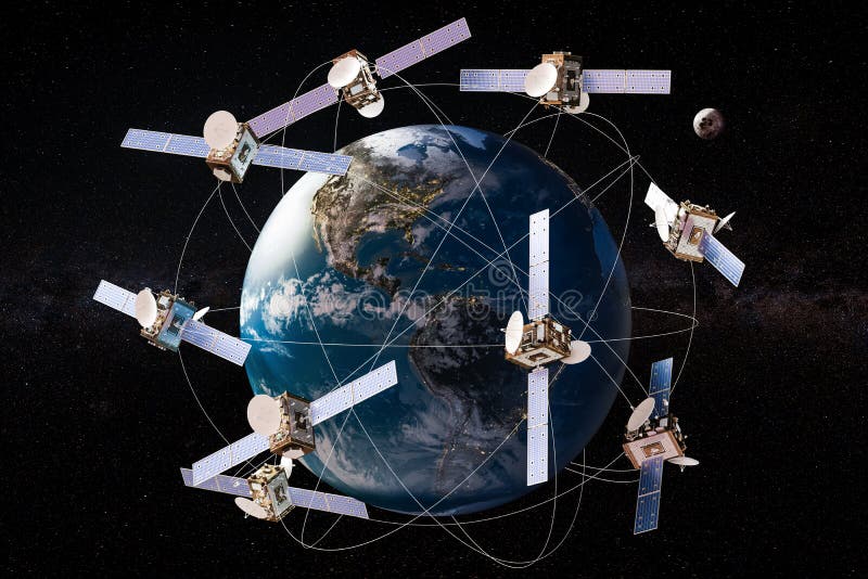 Space satellites in orbits around the Earth Globe, 3D rendering stock illustration