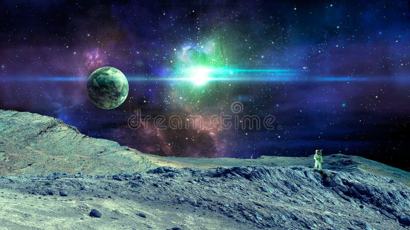 Space scene. Colorful nebula with planet, land and astronaut. Elements furnished by NASA. 3D rendering royalty free stock photography Space scene. Colorful nebula with planet, land and astronaut. Elements furnished by NASA. 3D rendering royalty free stock photography