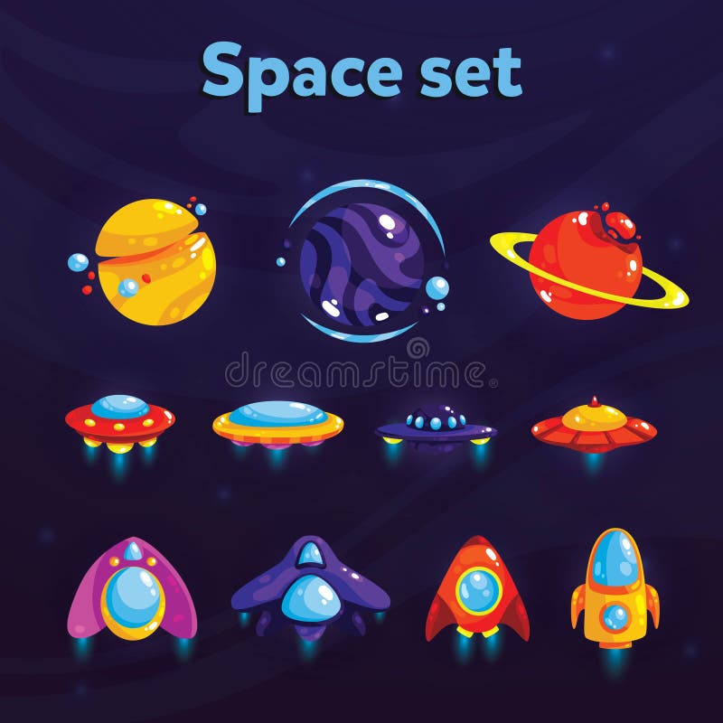 Space set. Fantasy cosmic items for mobile game or web design. Vector GUI elements for game design.