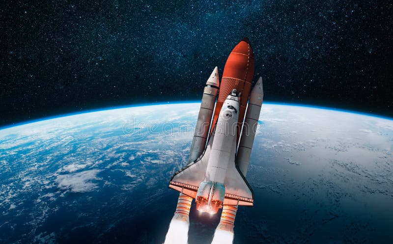 Space shuttle in the open space over the Earth. Elements of this image furnished by NASA