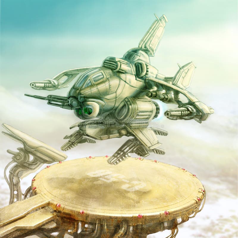 The space shuttle takes off from the landing zone. Science fiction illustration. vector illustration The space shuttle takes off from the landing zone. Science fiction illustration. vector illustration