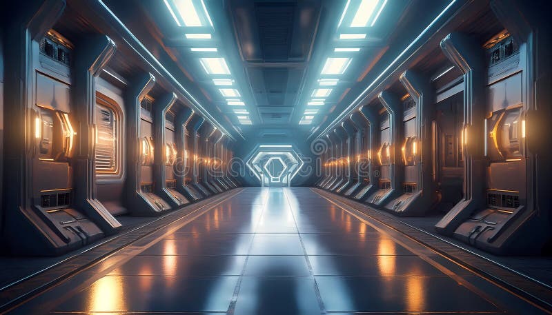 Space station corridor with flickering lights royalty free illustration