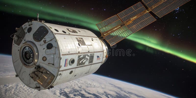 Space station module orbits Earth under stunning auroras in the night sky royalty free stock photos
