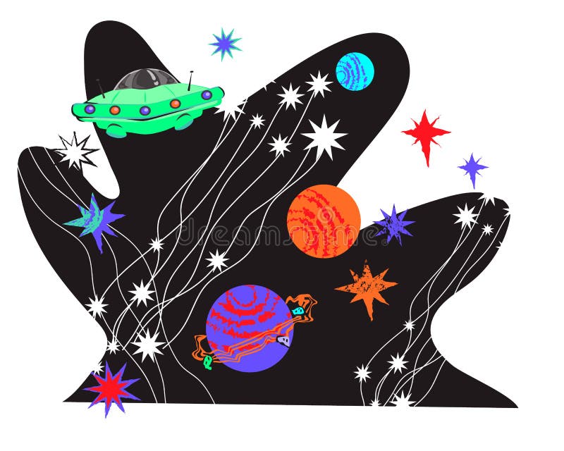 Space thematic decorative element with UFO alien fantasy spaceship, flat vector. royalty free illustration