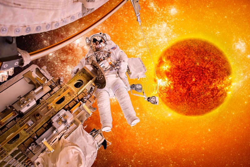 Spacecraft and astronauts in space on background sun star