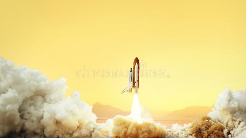 Spacecraft takes off into space on the planet Mars. Journey to the red planet. Rocket takes off in the desert. stock image Spacecraft takes off into space on the planet Mars. Journey to the red planet. Rocket takes off in the desert. stock image