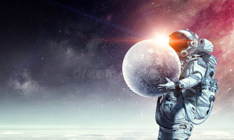 Spaceman Carry Moon Planet. Mixed Media Stock Illustration ...