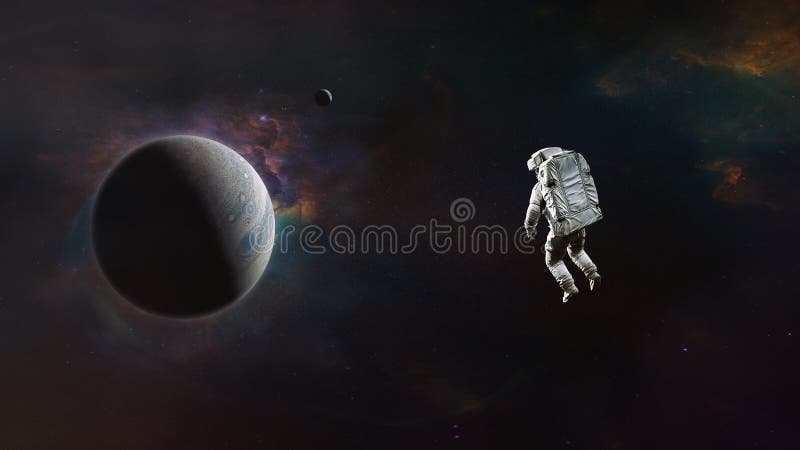 Spaceman is flying in outer space close to Jupiter planet. Elements of this image furnished by NASA royalty free stock image