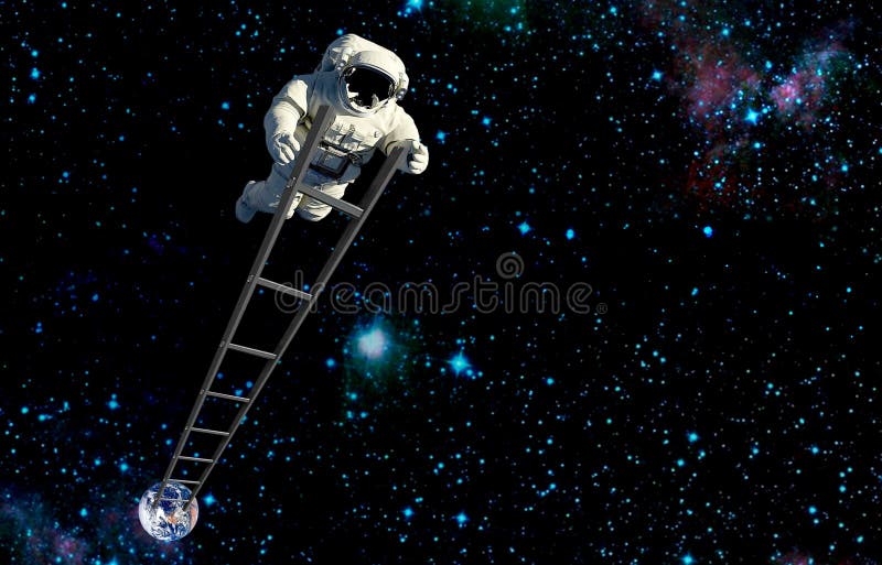 The spaceman on ladder traveling on moon stock photography