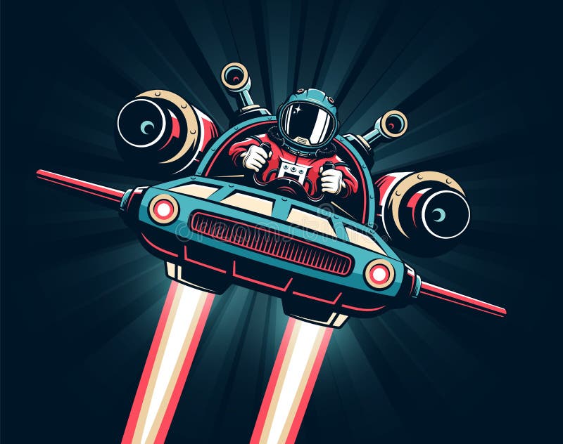 Spaceman pilot flying on spaceship on hyperspace background. vector illustration