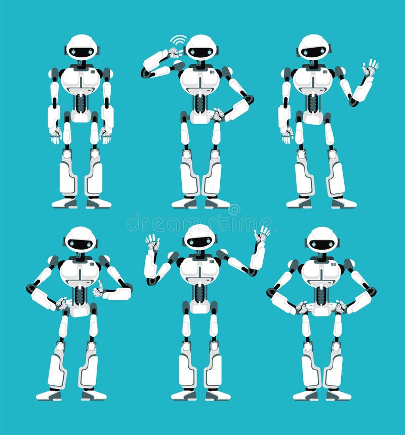 Spaceman robot android in different poses. Cute cartoon futuristic humanoid character set stock illustration
