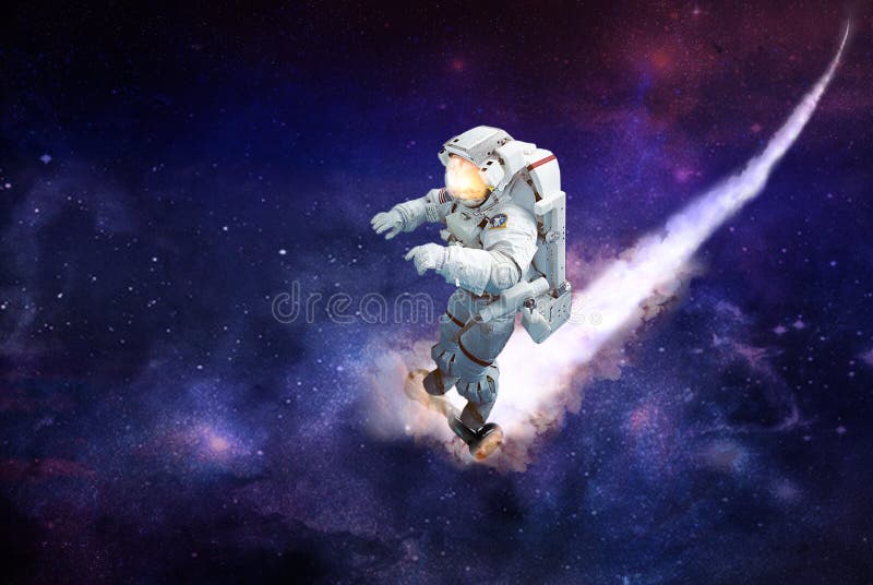 Spaceman traveling on a scooter in outer space stock photos